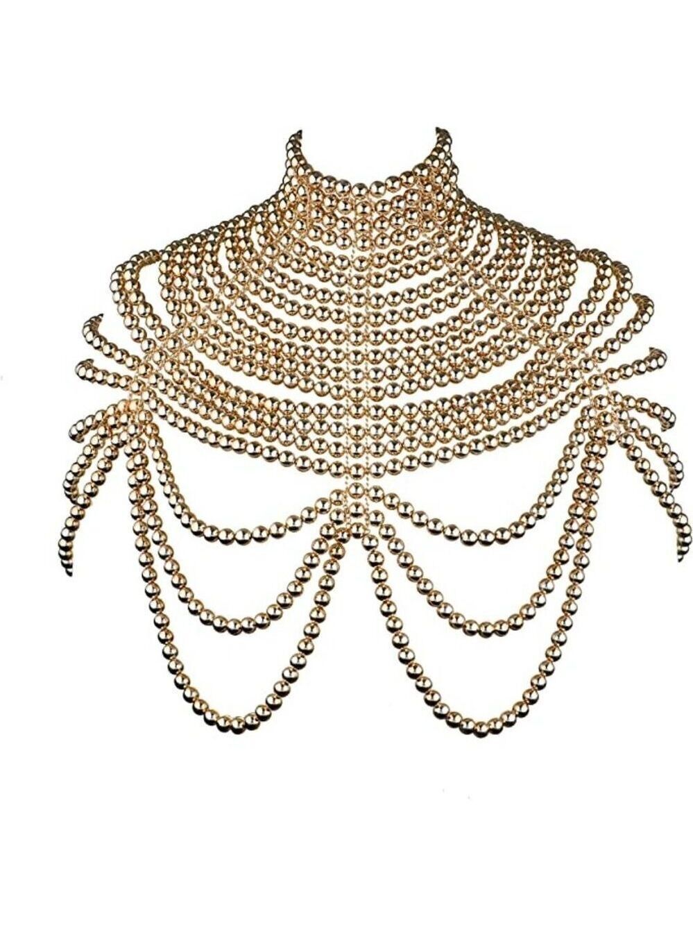 QUEEN Gold Pearl Body Chain Sexy Bra Fashion Shoulder Necklaces Harness Jewelry - Picture 7 of 7